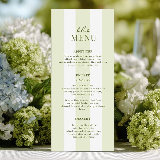 Menu de mariage à rayures vertes