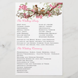 Menu de mariage à rouleau musical rose oiseaux vin