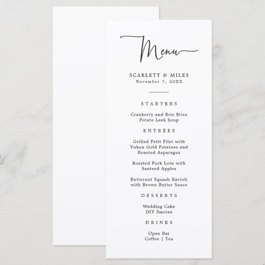 Menu de mariage à script simple (Devant / Derrière)