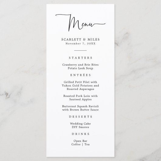 Menu de mariage à script simple (Devant)