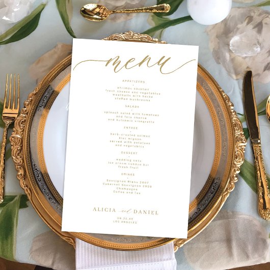 Menu de mariage à typographie dorée romantique bud