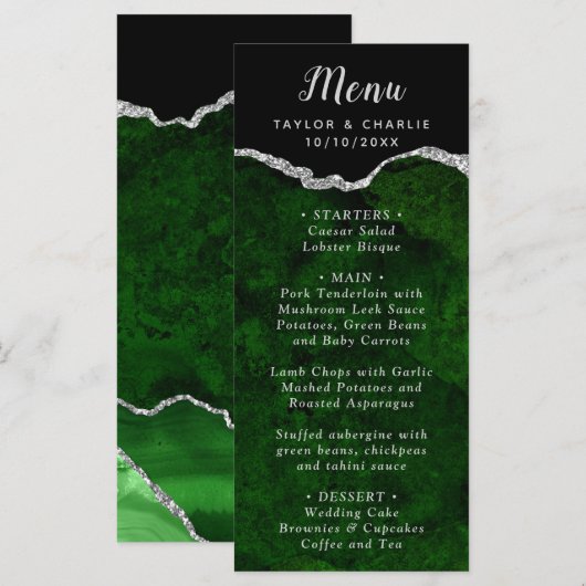 Menu de mariage Agate verte et argentée (Devant / Derrière)