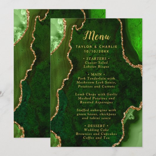 Menu de mariage Agate verte et dorée (Devant / Derrière)