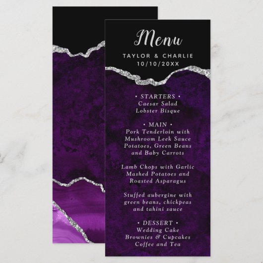 Menu de mariage Agate Violet et Argent (Devant / Derrière)