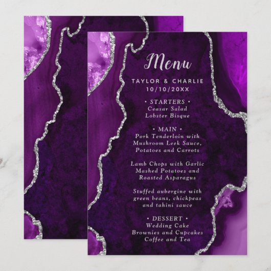 Menu de mariage Agate Violet et Argent (Devant / Derrière)