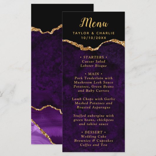 Menu de mariage Agate Violet et Or (Devant / Derrière)