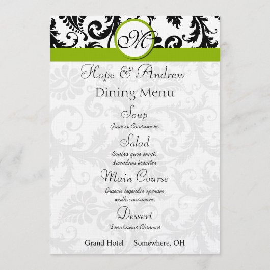 Menu de mariage Apple Green Swirl en Damas noir (Devant)
