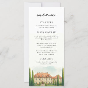 Menu de mariage aquarelle chic de villa italienne