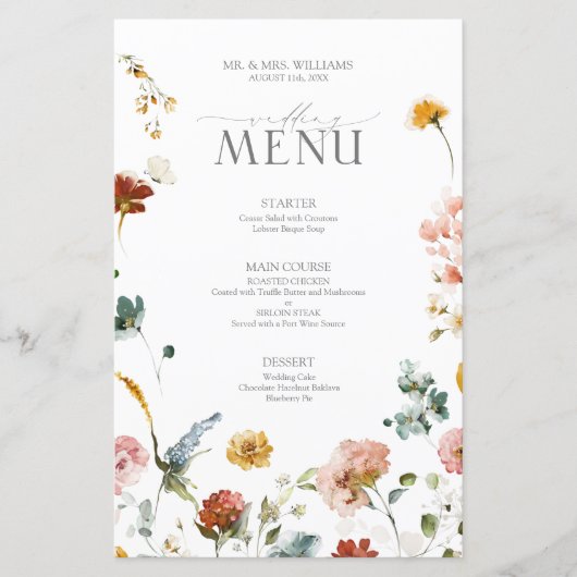 Menu de mariage aquarelle Fleurs de jardin élégant (Devant)
