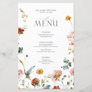 Menu de mariage aquarelle Fleurs de jardin élégant