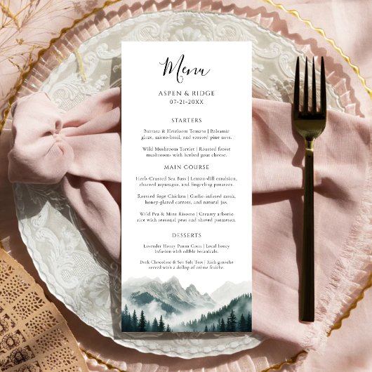 Menu de mariage aquarelle Forêt Brumeuse de Verdan