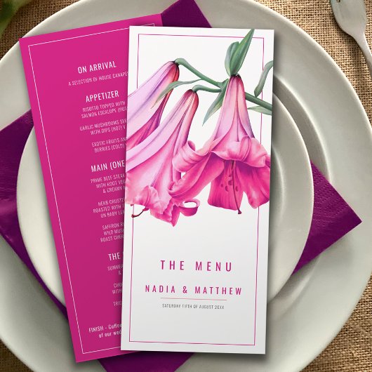 Menu de mariage aquarelle rose lily