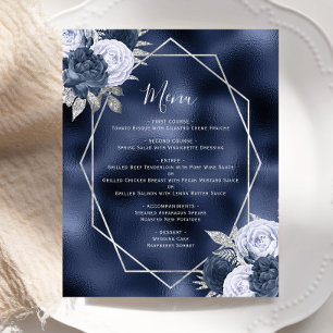 Menu de mariage argenté floral bleu poussiéreux et