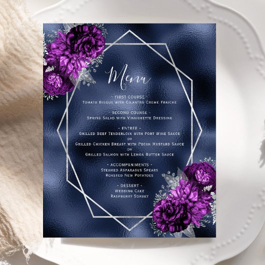Menu de mariage argenté floral violet budget