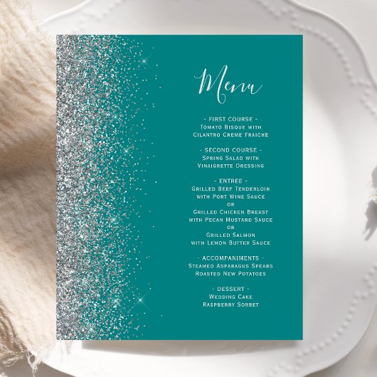 Menu de mariage argenté pailleté bleu sarcelle