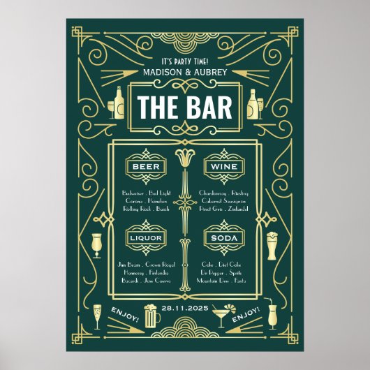 Menu de mariage Art déco bar ouvert vert doré fête (Devant)