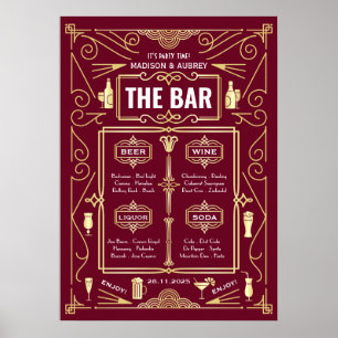 Menu de mariage Art déco or burgundy avec bar ouve