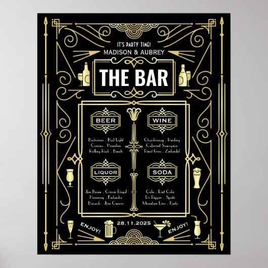 Menu de mariage Art déco pour bar à vin, bière et  (Devant)