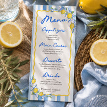 Menu de mariage au citron rayé bleu méditerranéen