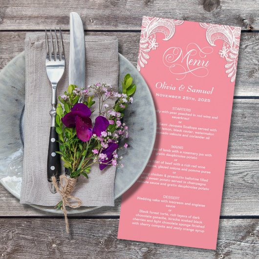 Menu de mariage au dentelle rose
