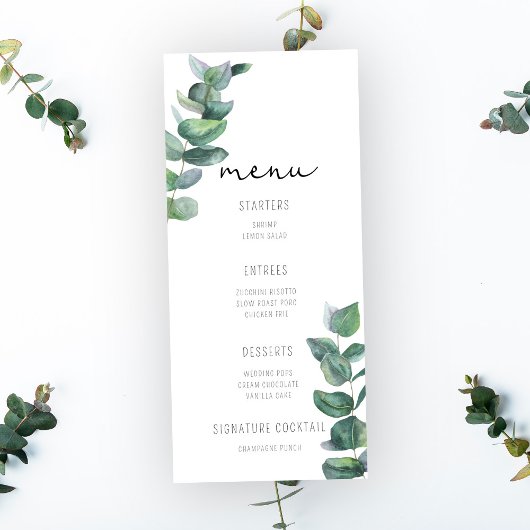 Menu de mariage au eucalyptus aquarelle