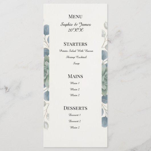 Menu de mariage au eucalyptus bleu poussiéreux (Devant)