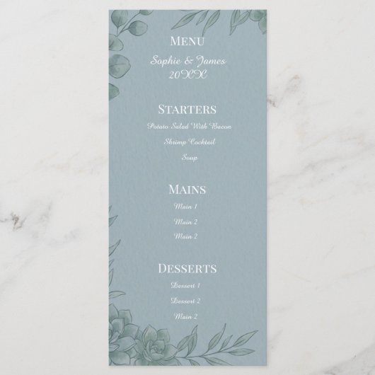 Menu de mariage au eucalyptus gris bleu (Devant)
