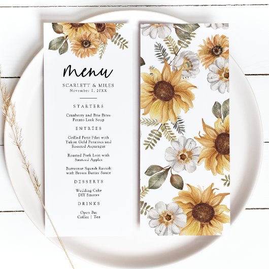 Menu de mariage au tournesol rustique