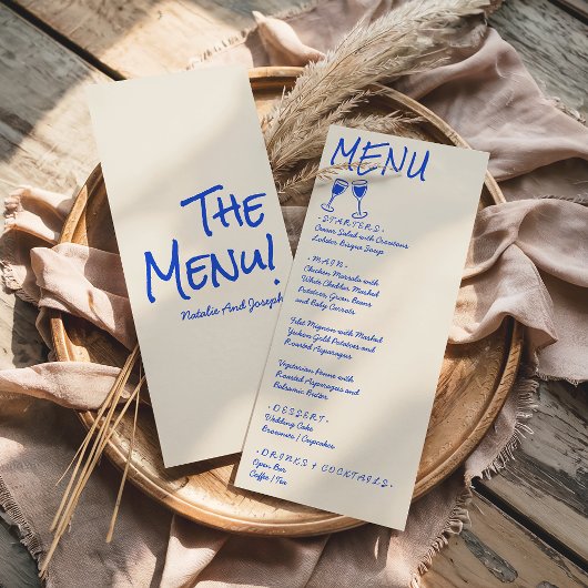 Menu de mariage au vin écrit à la main rétro bleu