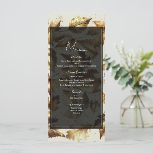 Menu de mariage automnal beige et noir avec feuill (Debout devant)