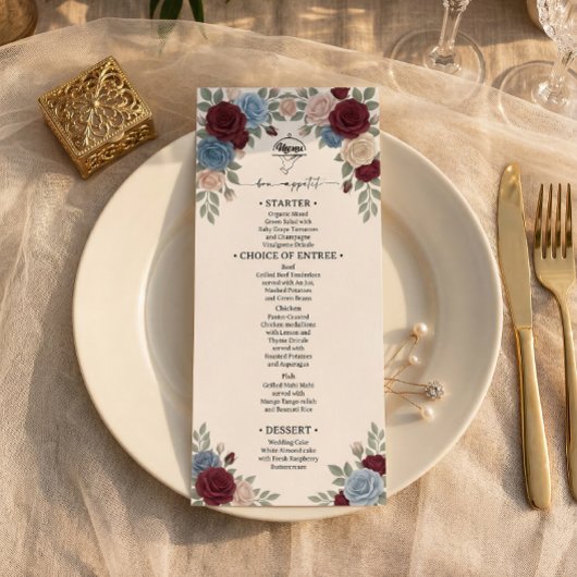 Menu de mariage aux élégantes roses de Bourgogne