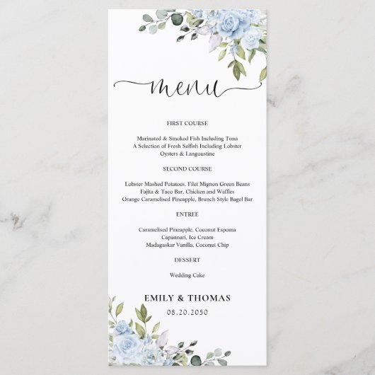 Menu de mariage aux fleurs bleues poussiéreuses d' (Devant)