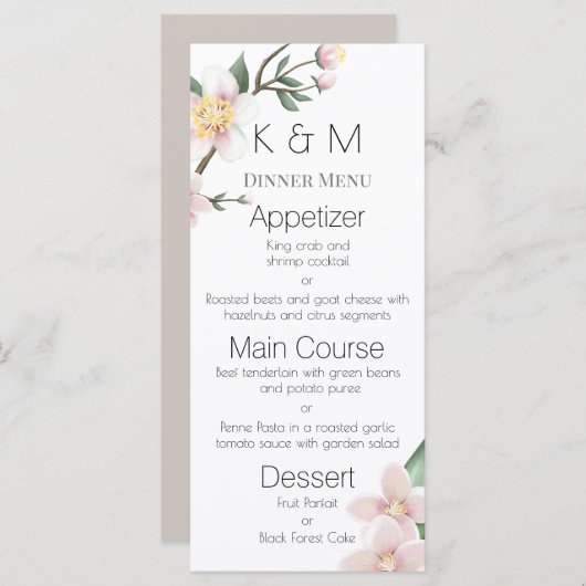 Menu de mariage aux fleurs d'aubépine à l'aquarell (Devant / Derrière)