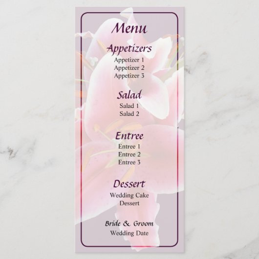 Menu de mariage aux lys Stargazer en bouquet (Devant)