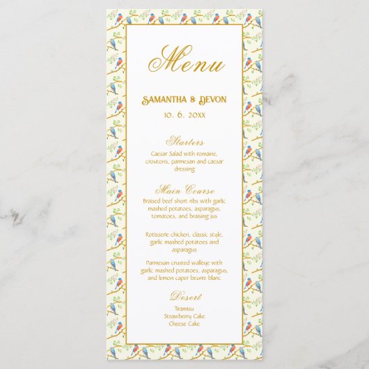 Menu de mariage aux oiseaux bleus (Devant)