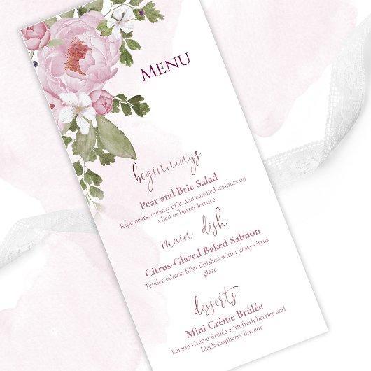Menu de mariage aux pivoines roses