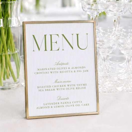 Menu de mariage aux rayures vert sauge et bleu mod