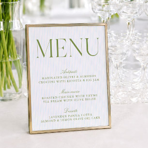 Menu de mariage aux rayures vert sauge moderne et
