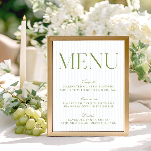 Menu de mariage aux rayures vert sauge moderne et