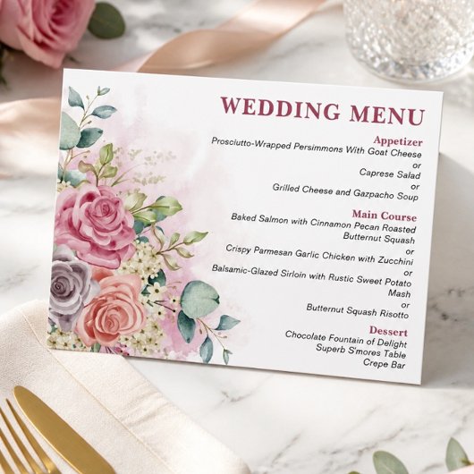 Menu de mariage aux roses aquarelles