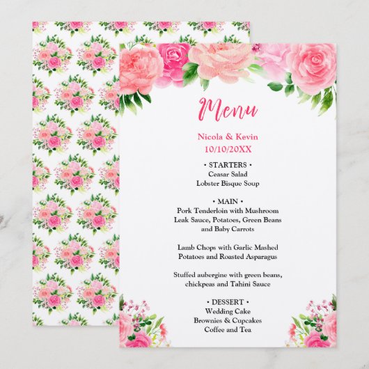 Menu de mariage aux roses roses avec feuillage (Devant / Derrière)