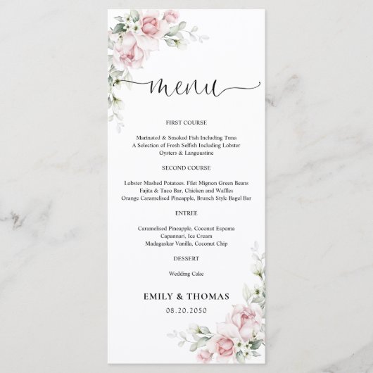 Menu de mariage aux roses roses blush (Devant)