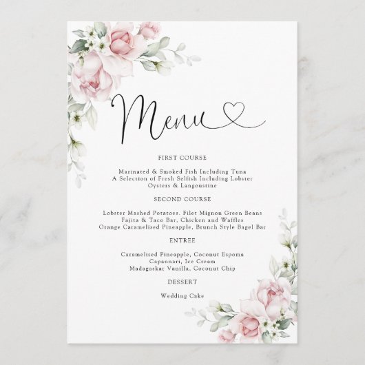 Menu de mariage aux roses roses blush (Devant)