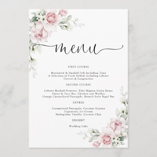 Menu de mariage aux roses roses blush (Devant)