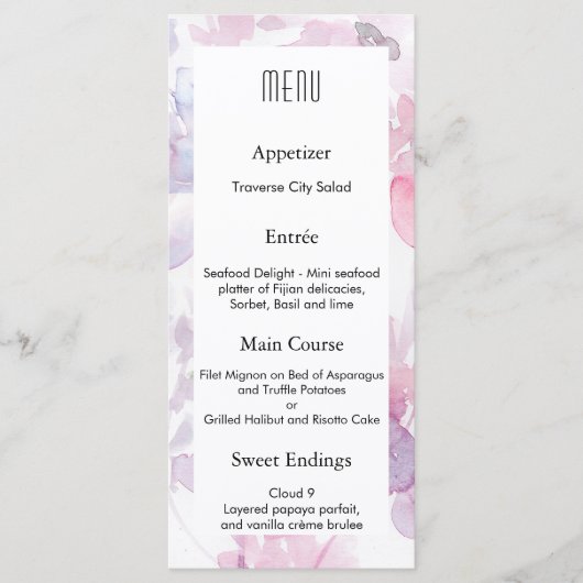 Menu de mariage avec des fleurs aquarelles délicat (Devant)