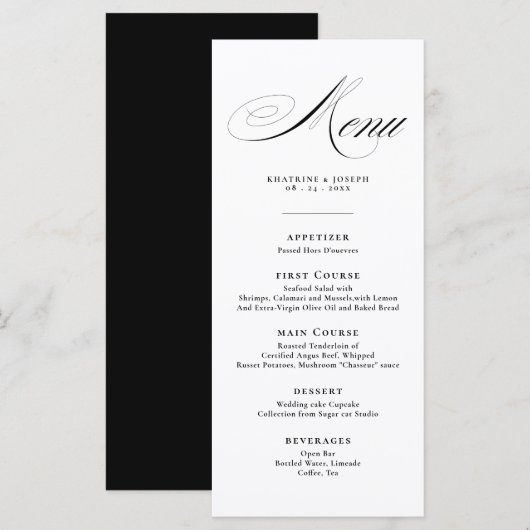 Menu de mariage avec détails de calligraphie scrip (Devant / Derrière)