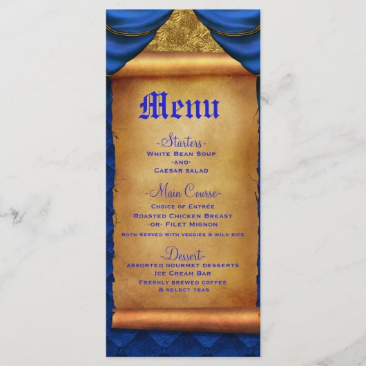 Menu de mariage avec drapés or et bleu royal (Devant)