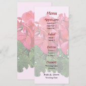 Menu de mariage avec géraniums rouges et boutons (Devant / Derrière)