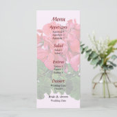 Menu de mariage avec géraniums rouges et boutons (Debout devant)