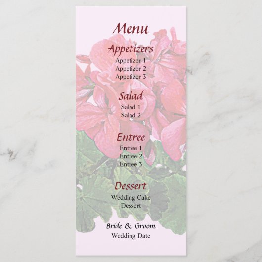 Menu de mariage avec géraniums rouges et boutons (Devant)